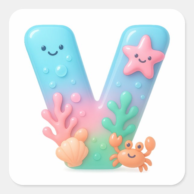 Pegatina Cuadrada "V" Cute Letter - Underwater Sea Creature  (Anverso)