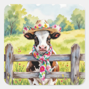 Pegatina Cuadrada Vaca acuarela con sombrero de verano