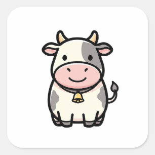 Pegatina Cuadrada Vaca Amistosa – Ilustración de Animal Kawaii Adora