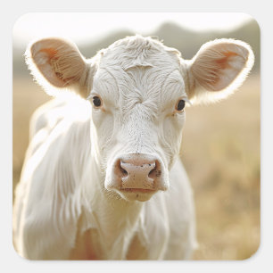 Pegatina Cuadrada Vaca blanca en campo agrícola