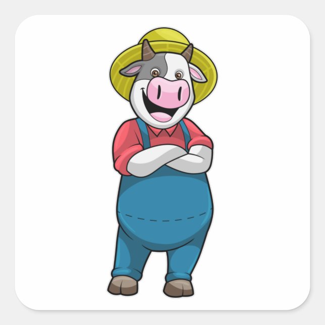 Pegatina Cuadrada Vaca como agricultor con Gorra (Anverso)