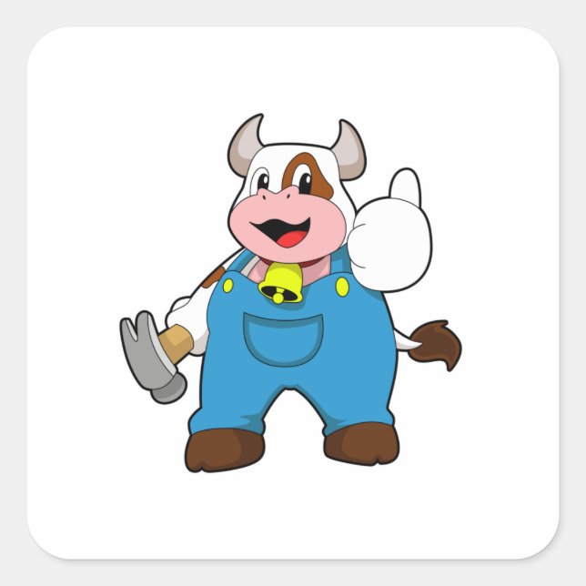 Pegatina Cuadrada Vaca como artesano con martillo (Anverso)