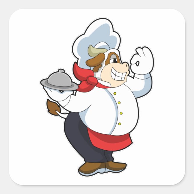 Pegatina Cuadrada Vaca como camarero con plato de servicio (Anverso)