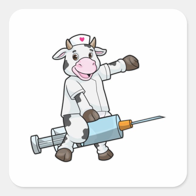 Pegatina Cuadrada Vaca como enfermera con corazón y jeringas (Anverso)