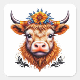 Pegatina Cuadrada Vaca con girasol amarillo