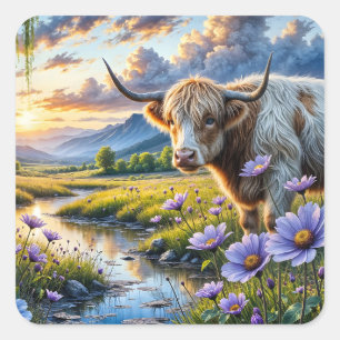 Pegatina Cuadrada Vaca cruzada de Highland/Longhorn en paisaje flora