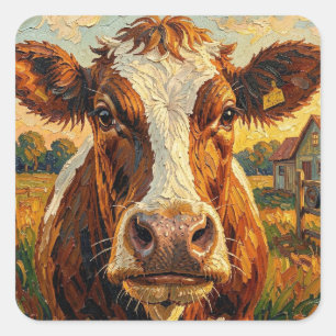 Pegatina Cuadrada Vaca Cute Impasto en Manta de Granja