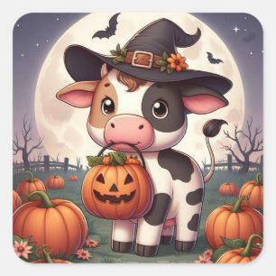 Pegatina Cuadrada Vaca de bruja de Halloween