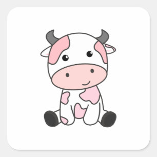 Pegatina Cuadrada Vaca de fresa cúpula de fresa rosa Kawaii