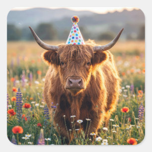 Pegatina Cuadrada Vaca de las Tierras Altas con sombrero de cumpleañ