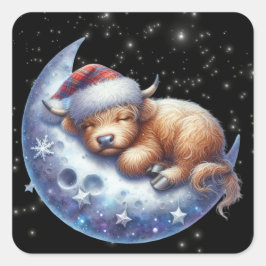 Pegatina Cuadrada Vaca de Santa Highland durmiendo en la luna