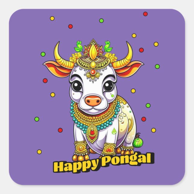 Pegatina Cuadrada Vaca decorada en Kawaii Pongal (Anverso)