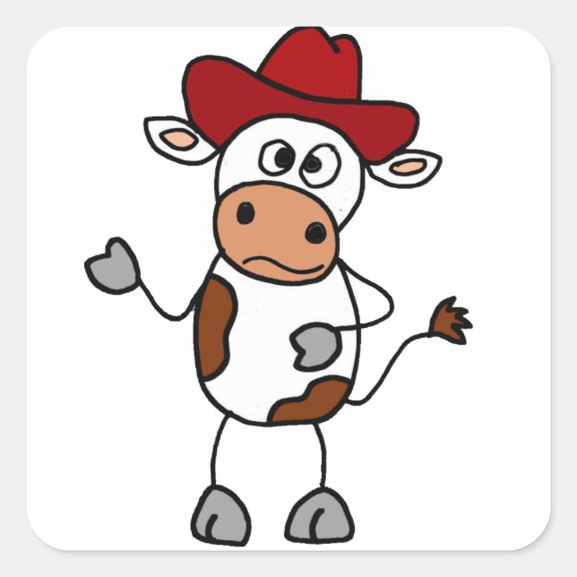 Pegatina Cuadrada Vaca divertida con Gorra de Vaquero Rojo (Anverso)
