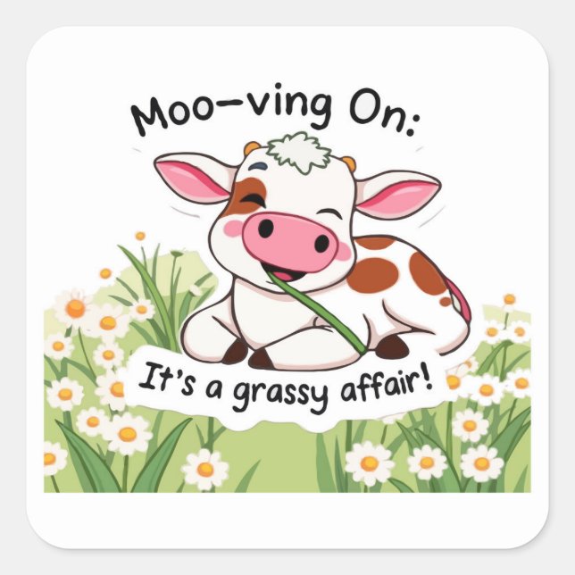 Pegatina Cuadrada Vaca dulce en la hierba rosada (Anverso)