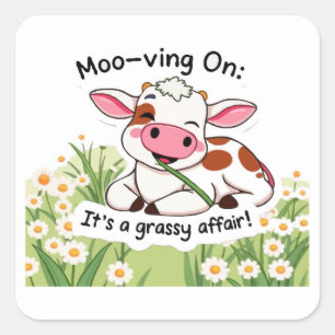 Pegatina Cuadrada Vaca dulce en la hierba rosada