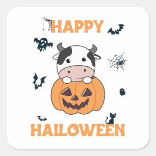 Pegatina Cuadrada Vaca En Calabaza Vacas Cuestas Felices Halloween