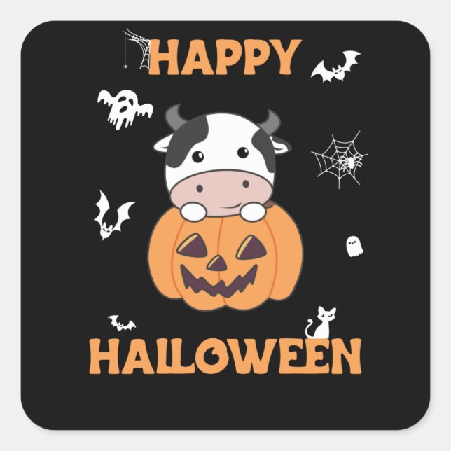 Pegatina Cuadrada Vaca En Calabaza Vacas Cuestas Felices Halloween (Anverso)