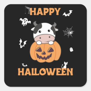 Pegatina Cuadrada Vaca En Calabaza Vacas Cuestas Felices Halloween