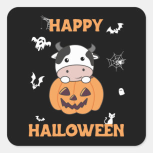 Pegatina Cuadrada Vaca En Calabaza Vacas Cuestas Felices Plaza Hallo