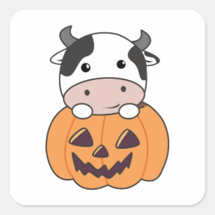 Pegatina Cuadrada Vaca En Calabaza Vacas Cuestas Felices Plaza Hallo
