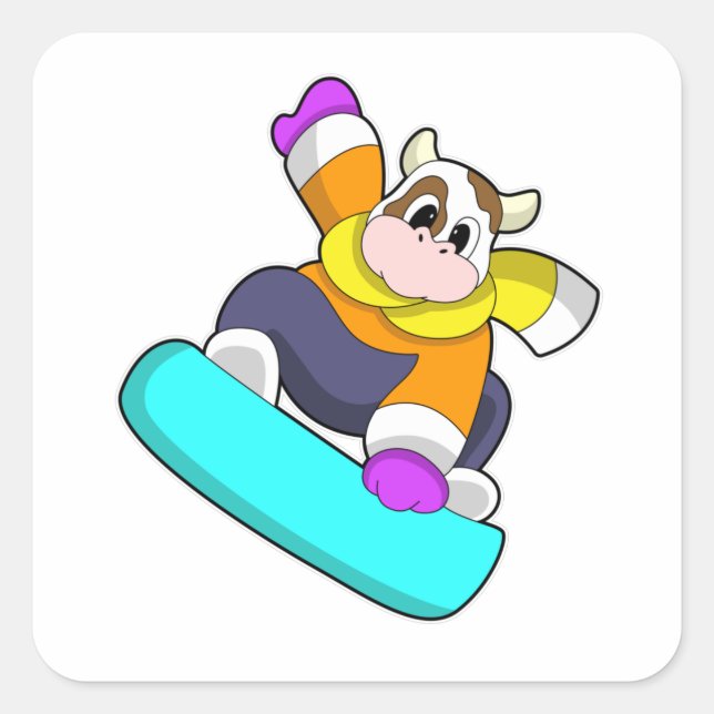 Pegatina Cuadrada Vaca en Snowboard con Snowboard (Anverso)