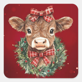 Pegatina Cuadrada Vaca escocesa de tierras altas en tiempo de Navida