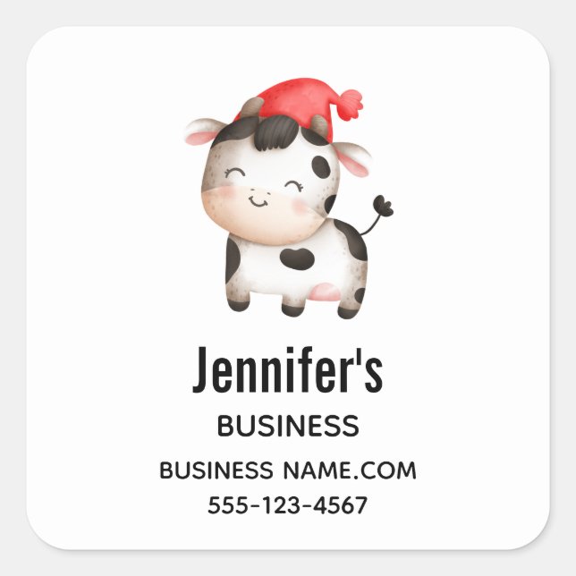 Pegatina Cuadrada Vaca feliz en un Gorra rojo lindo (Anverso)