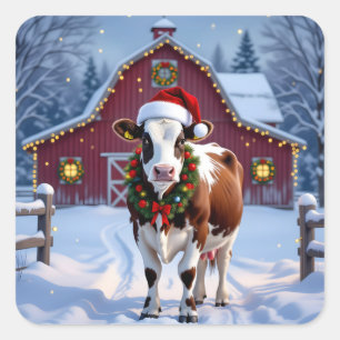 Pegatina Cuadrada Vaca festiva en Navidades de Santa Hat