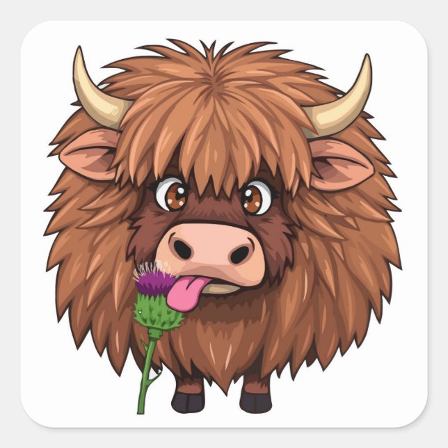 Pegatina Cuadrada Vaca Hairy Highland Escocesa - Adorable Bovino Art (Anverso)