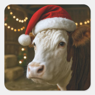 Pegatina Cuadrada Vaca Hereford de Navidad con sombrero de Santa