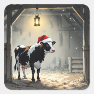 Pegatina Cuadrada Vaca Hereford de Navidad en la entrada del granero