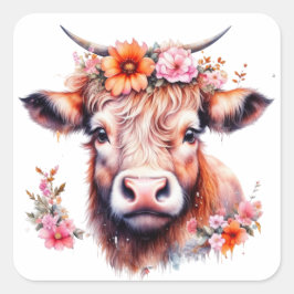 Pegatina Cuadrada Vaca Highland con flores rosas