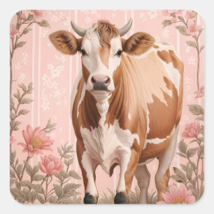 Pegatina Cuadrada Vaca Jersey Adorable Floral Rosa
