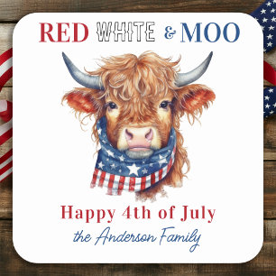 Pegatina Cuadrada Vaca Patriótica Feliz 4 De Julio Azul Blanco Rojo
