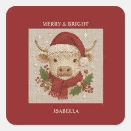 Pegatina Cuadrada Vaca rústica de montaña con Santa Hat