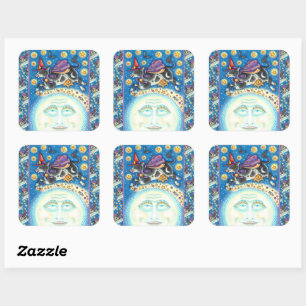 PEGATINA CUADRADA VACA SOBRE EL HOMBRE EN LA LUNA, COLORIDO LÁPIZ