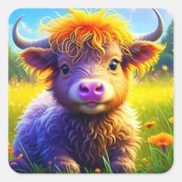 Pegatina Cuadrada Vaca subterránea en campo o flores