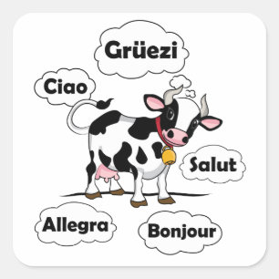 Pegatina Cuadrada Vaca suiza Grüezi Bonjour Ciao Suiza Viaje