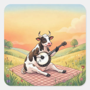 Pegatina Cuadrada Vaca tocando un banjo en una manta