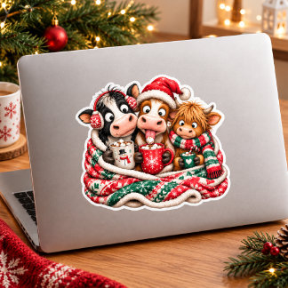 Pegatina Cuadrada Vaca y Ternero Cacao Caliente Diseño de Navidad de