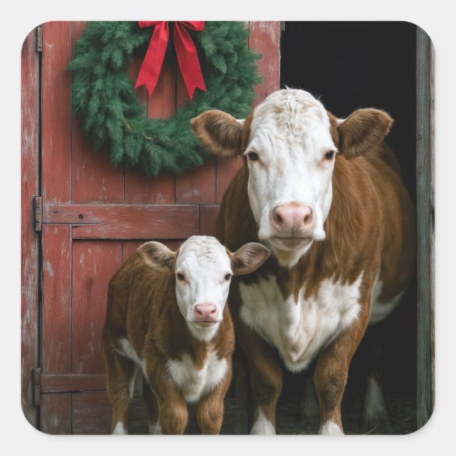 Pegatina Cuadrada Vaca y ternero Hereford de Navidad (Anverso)