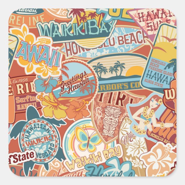 Pegatina Cuadrada Vacaciones costeras Waikiki Bay Hawaii (Anverso)