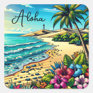 Pegatina Cuadrada Vacaciones de Aloha en el Océano Tropical