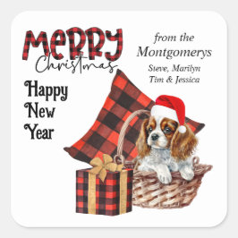 Pegatina Cuadrada Vacaciones de Buffalo Plaid Cavalier King Charles