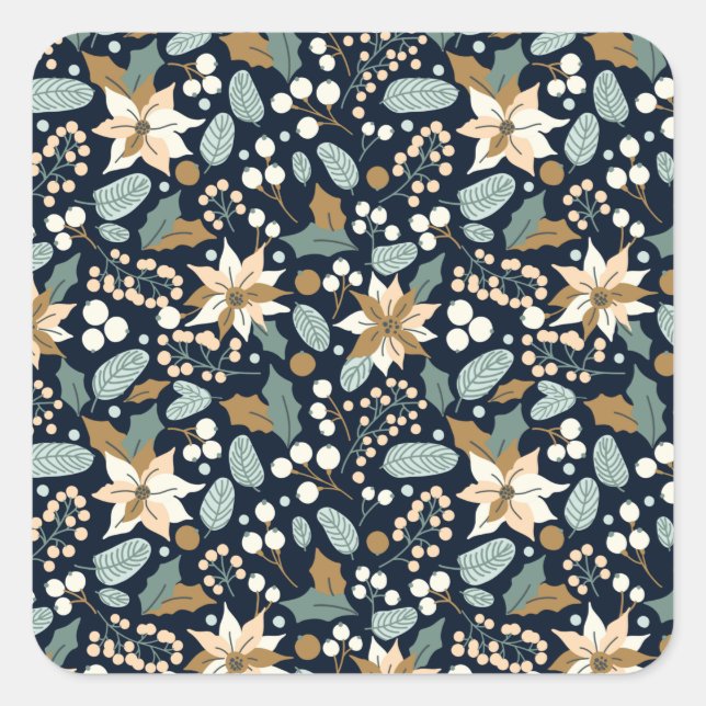 Pegatina Cuadrada Vacaciones de invierno de fondo negro de Poinsetti (Anverso)