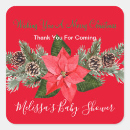 Pegatina Cuadrada Vacaciones De Invierno Pinecones Poinsettia Gracia