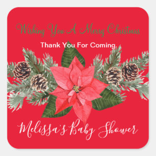 Pegatina Cuadrada Vacaciones De Invierno Pinecones Poinsettia Gracia