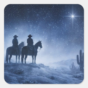 Pegatina Cuadrada Vacaciones de Navidad Cowboys Caballos Estrella de