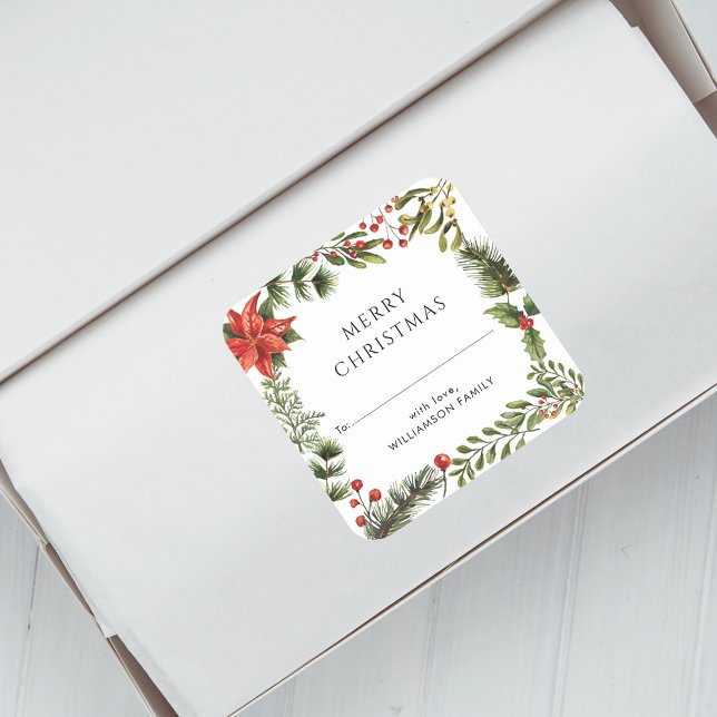 Pegatina Cuadrada Vacaciones de Navidades de familia Botánica Elegan (Christmas Red Berries Botanical Script Envelope Seal Sticker)