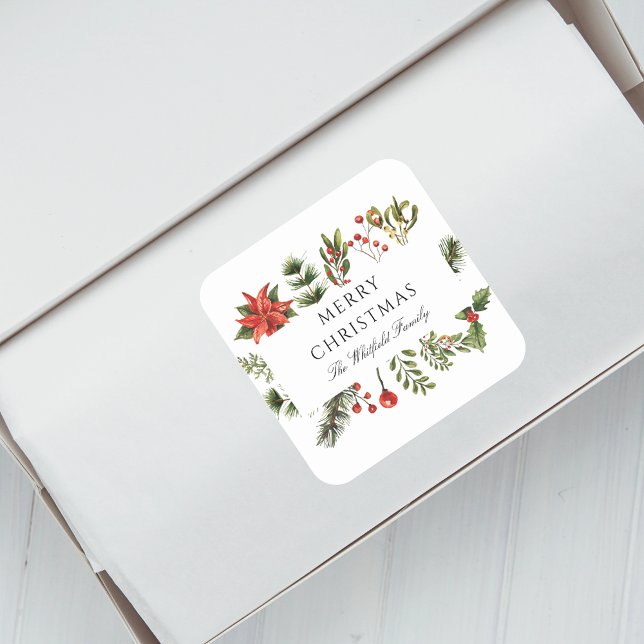 Pegatina Cuadrada Vacaciones de Navidades familiares de acuarela (Christmas Red Berries Botanical Greenery Script Envelope Seal Sticker)